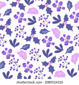 Seamless pattern with leaves and berries of very peri color on a white background.