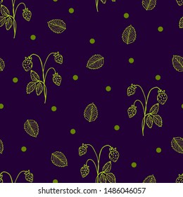 Seamless pattern with leaves and berries of wild strawberry. Endless texture of strawberries and peas.