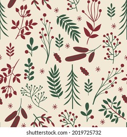 Seamless  pattern of leaves, berry and flower. Floral background. Cute wallpaper with doodle floral elements.