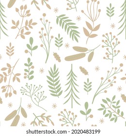 Seamless  pattern of leaves, berry and flower. Floral background. Cute wallpaper with doodle floral elements.