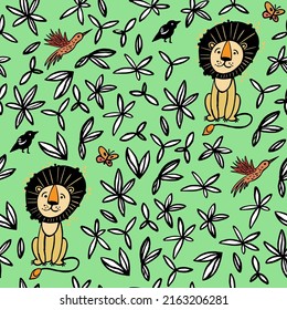 Seamless pattern with leaves, birds, butterflies, cute African lion vector hand drawn doodle print style for baby wallpaper, textile, fabric, packaging.