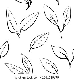 Seamless pattern with leaves. Black line sketch, organic shapes silhouettes. Hand drawn decorative design elements. Vector illustration
