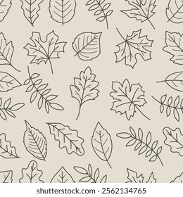Seamless pattern of leaves in black line art isolated on brown background.Hand -drawn vector illustration