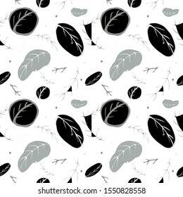 Seamless pattern with leaves, black and white, white background