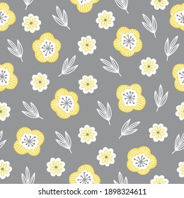 Seamless Pattern With Leaves And Blooming Flowers. Trendy Colors Of 2021 - Illuminating Yellow And Ultimate Grey. Perfect For Spring And Summer Holidays, Gift Paper, Fabric