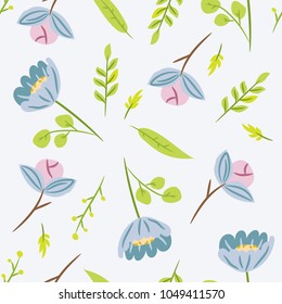 Seamless pattern with leaves and blue flowers. Botanical floral backdrop. Flat vector illustration.