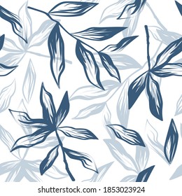 Seamless pattern with leaves of blue shades of tropical plants. Vector illustration isolated on white background