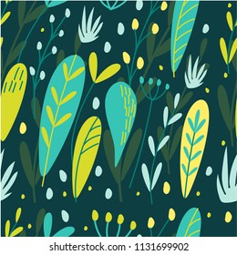 Seamless pattern with leaves. Botanical illustration. Tropical background with exotic plants. Design for fabric, for Wallpaper, textiles, books, printing, magazine