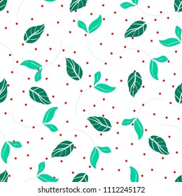 Seamless pattern with leaves. Botanical motifs scattered random. Colorful vector texture. Good for fashion prints. Hand drawn green leaves on white background with white polka dots