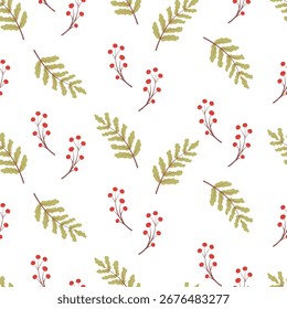 Seamless pattern of leaves and a branch with berries. Vector illustration, nature background.