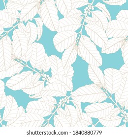 Seamless pattern with leaves and branches of coffee plant, Hand-drawn illustration on vintage blue background.