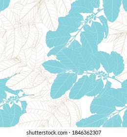 Seamless pattern with leaves and branches of coffee plant, Hand-drawn illustration on vintage blue beige background.
