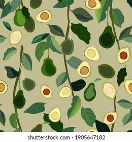 Seamless pattern with leaves, branches and fruits avocado tree on a green background. Vector illustration with plants. EPS 10