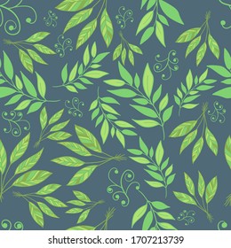 Seamless pattern with leaves branches on dark green background. Vector illustration for textile, fabric, wallpaper.