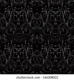 seamless pattern with leaves, branches, stems and berries in dark, black colors