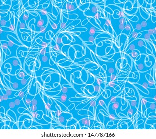 seamless pattern with leaves, branches, stems and berries in  blue colors