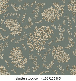 Seamless pattern with leaves, branches. A vector flower illustration with a hand drawing of a golden element. gold twigs on black background; for greeting cards, posters, banners, wrapping paper.