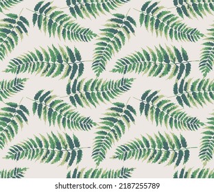 Seamless pattern with leaves and brunches of tropical plants, palms Realistic Wild Leaves Seamless Pattern with green leaves on beige background.