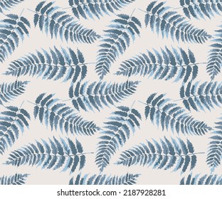 Seamless pattern with leaves and brunches of tropical plants, palms Realistic Wild Leaves Seamless Pattern with blue leaves on beige background.