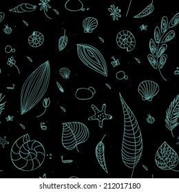 Seamless pattern with leaves, bugs and seashells