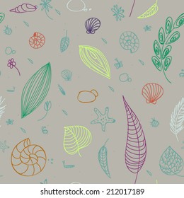 Seamless pattern with leaves, bugs and seashells