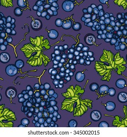 Seamless pattern with leaves and bunches of grapes. Background.