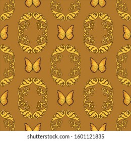 seamless pattern of leaves and butterflies