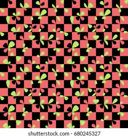 Seamless pattern from leaves and butterflies against the background of chess squares.