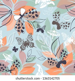 Seamless pattern with leaves and butterflies on blue background