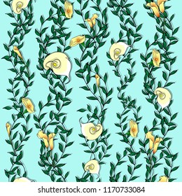 Seamless pattern with leaves and callas