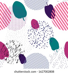 Seamless pattern with leaves, circles. Beautiful seamless pattern with hand-drawn plants. Nature vector print.