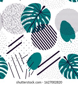 Seamless pattern with leaves, circles. Beautiful seamless pattern with hand-drawn plants. Nature vector print.