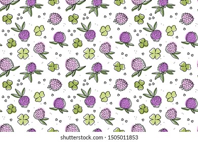 seamless pattern leaves and clover flowers on a white background