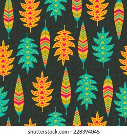 Seamless pattern with leaves. Colorful ethnic template. Vector background.