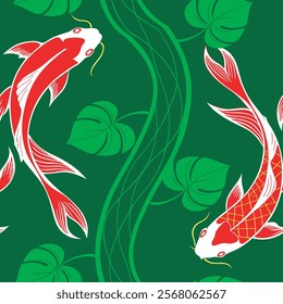 seamless pattern with leaves and colorful fish