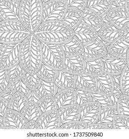 Patrón sin soldadura con hojas para colorear con lápices, marcadores, plumas. Haciendo garabatos. Dibujo en blanco y negro.