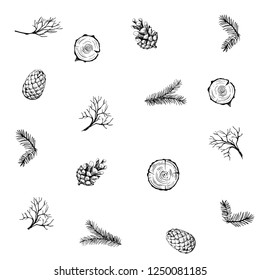 Seamless pattern with leaves, cones. Hand drawn vector illustration