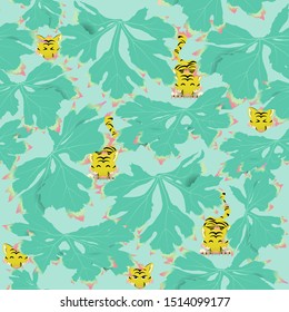 Seamless pattern with leaves covering some cute hidden tigers with friendly expressions and one meanie, that are ready to pounce. 