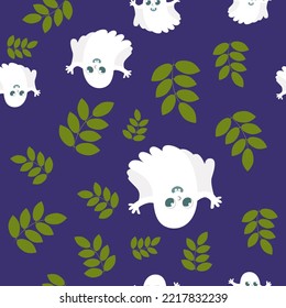 Hojas de patrón sin foco y fantasmas encantadores. Patrón de Halloween al estilo de las caricaturas. Patrón para textiles, embalaje, papel pintado.