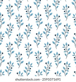Seamless pattern of leaves. Cute illustration, vector,blue color, simple. Cartoon, flat. Isolated on white background