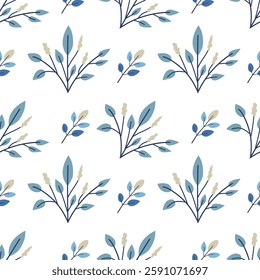 Seamless pattern of leaves. Cute illustration, vector,blue color, simple. Cartoon, flat. Isolated on white background