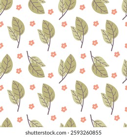 Seamless pattern of leaves. Cute illustration, vector,blue color, simple. Cartoon, flat. Isolated on white background