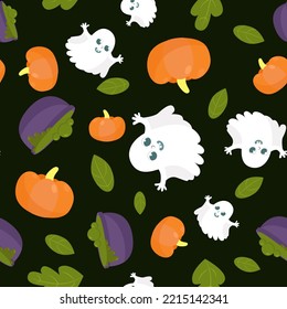 Seamless pattern leaves, cute white ghost, potion and pumpkins. Halloween pattern in cartoon style. Pattern for textiles, packaging, wallpapers.