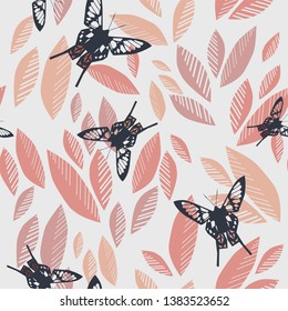 seamless pattern with leaves and dark blue openwork butterflies on a light background