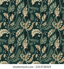 Seamless pattern with leaves - dark green decorative foliage that suitable for textile print and graphic design