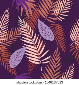 Seamless pattern with leaves. Dark purple background. Vector cartoon child print for packaging, wrappers, covers