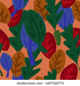seamless pattern of leaves of different shapes and colors, in the style of scribble drawn