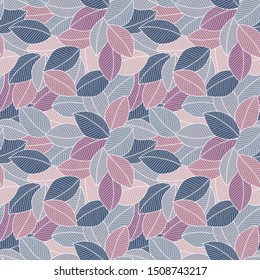 Seamless pattern with leaves in doodle style. Pink background. Perfect for wallpaper, gift paper, pattern fills, web page background, autumn greeting cards.