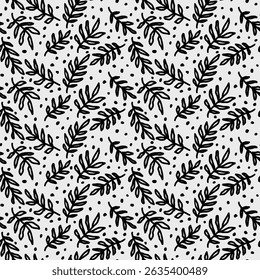 Seamless Pattern - Leaves and Dots (Black, White) - Repeating Vector Image; Easily Editable; Endless Design; Colorful lIlustration. Print for Gift Paper, Packaging, etc.