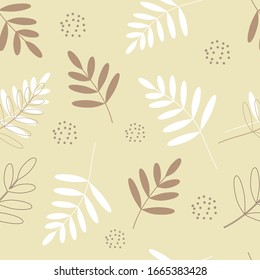 seamless pattern of leaves and dots in earth color and vintage style.
